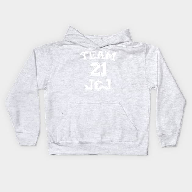 Vaccine pride: Team J&J (white college jersey typeface) Kids Hoodie by Ofeefee